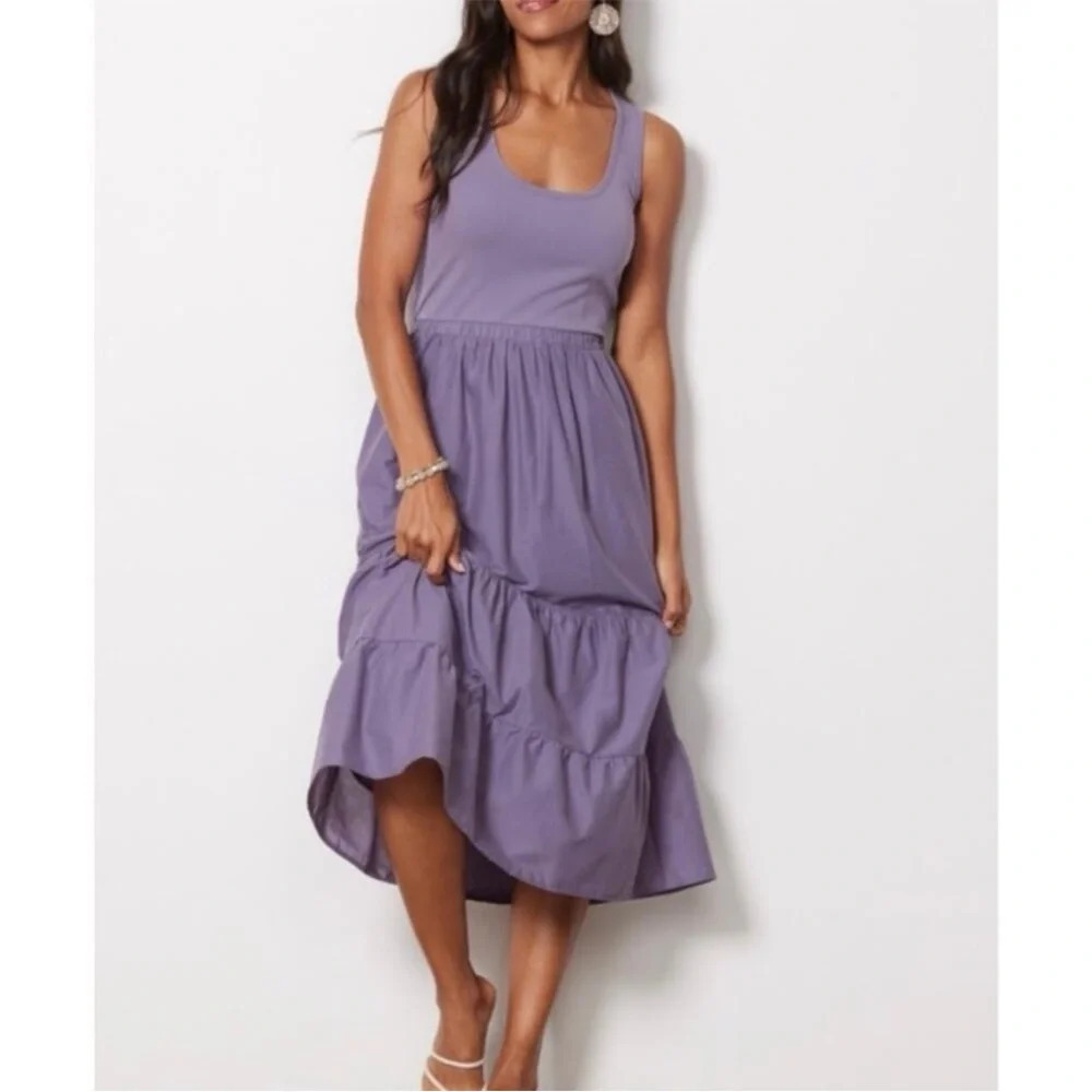 Evereve Cadet Purple Marguerite Sleeveless Tank Tiered Midi Dress Size Medium